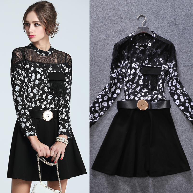 Summer European Ladies Stitching Lace Long Sleeved Silk Dress Hollow Dresses