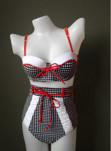 Women Retro Red Strap Vintage Pinup White Dot High Waisted Swimwear Bikini Set