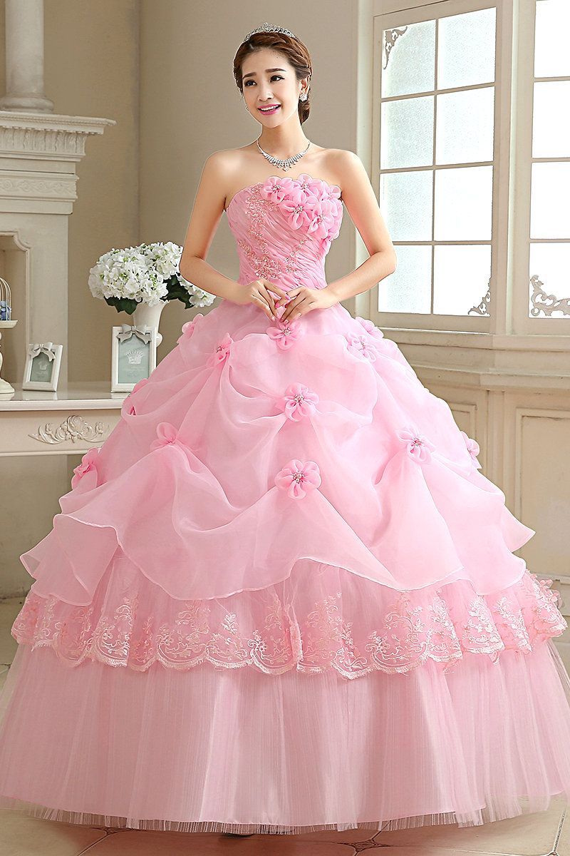 Women Pink Floral Wedding Korean Sexy Bra Cute Tutu Princess Bride Wedding Dress