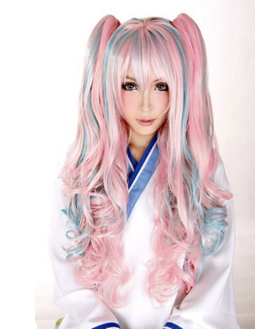 Lolita Women Wavy Curly Hair Anime Full Wig Cosplay Party Mixed Color Pink Hot
