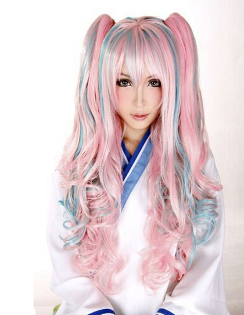 Lolita Women Wavy Curly Hair Anime Full Wig Cosplay Party Mixed Color Pink