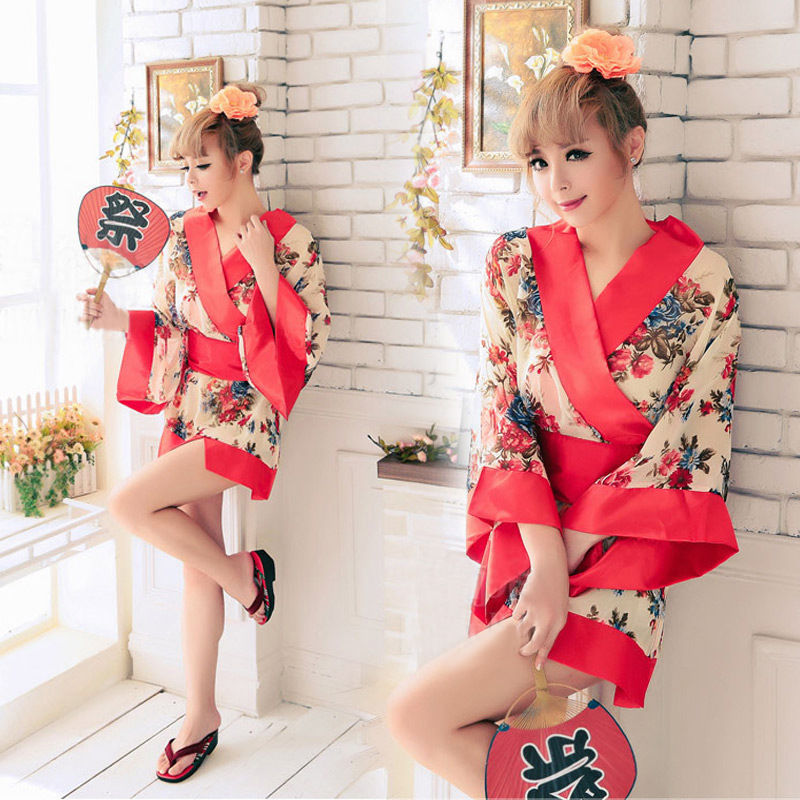 Sexy Japan Women Girl Cosplay Red Japanese Kimono Lingerie Floral Dress Thong