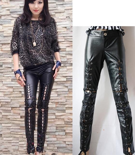 Women Lady Black Lace Up Pvc Leather Leggings Long Pants Look Punk Leggings