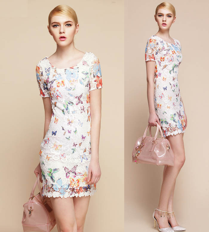 Women Fashion 3/4 Dress Butterfly Print Embroidery Mini Lace Dresses Dress
