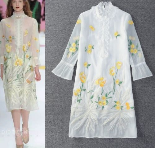 Sales Spring Floral Pattern Heavy Embroidery Perspective Leisure Dress S M L