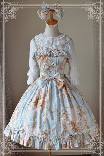 Elegant Magic Tea Party Veronica Blue Vintage Floral Print Lolita Women Dress
