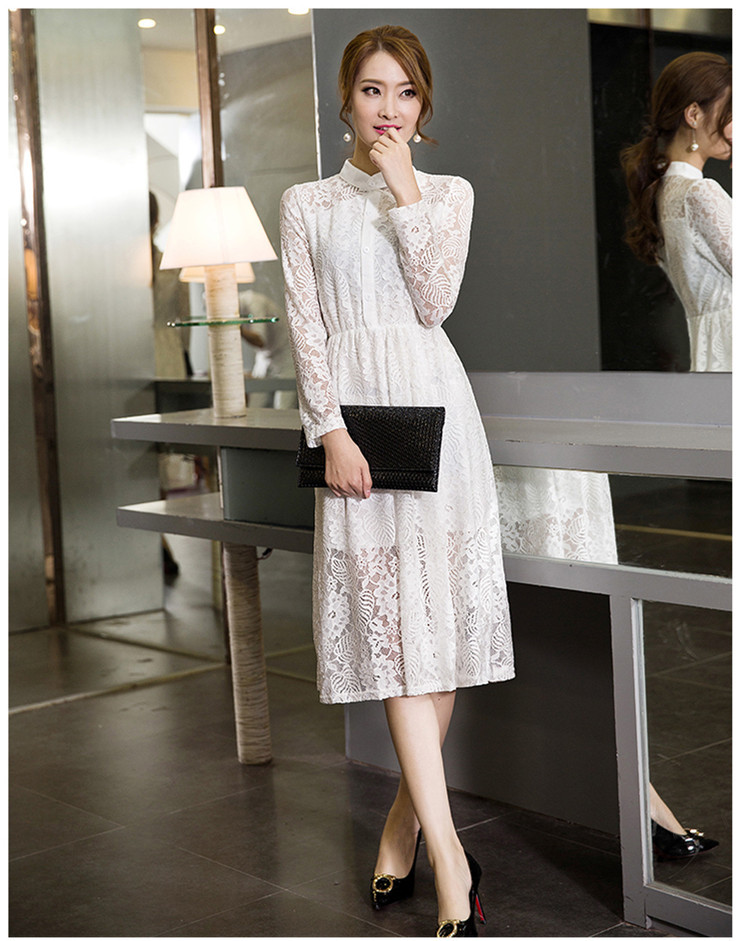Autumn Winter Temperament Slim Long Sleeved Lace Bottoming Hollow Skirt Dresses