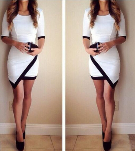 Women Boutique White Black Asymmetric Long Sleeve Bodycon Party Short Tea Dress