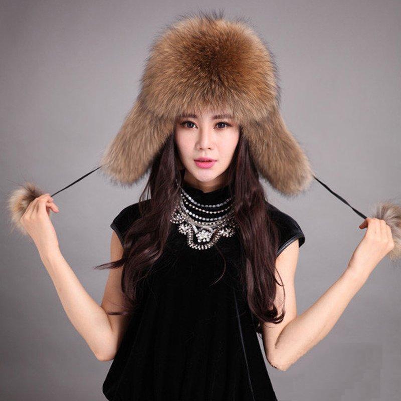 Real Genuine Raccoon Fur Brown Bomber Style Women Cap Chapka Hat for Winter