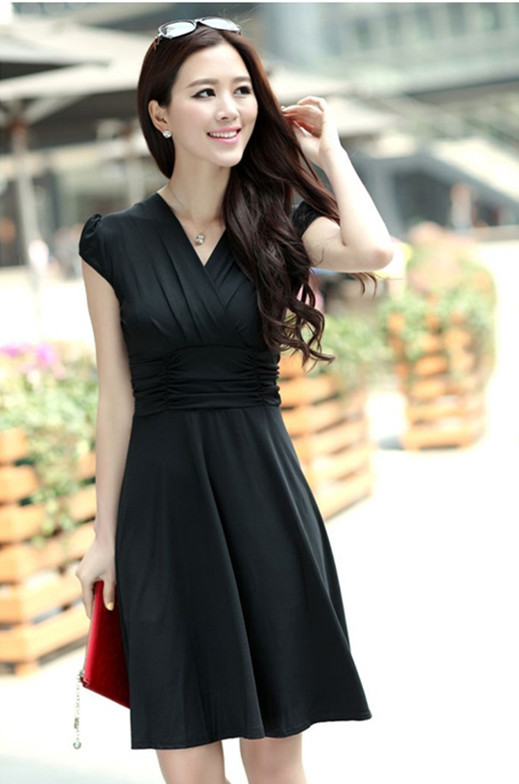 Summer Women V Neck Dress Ladies Korean Cover Belly Slim Silk Chiffon ...