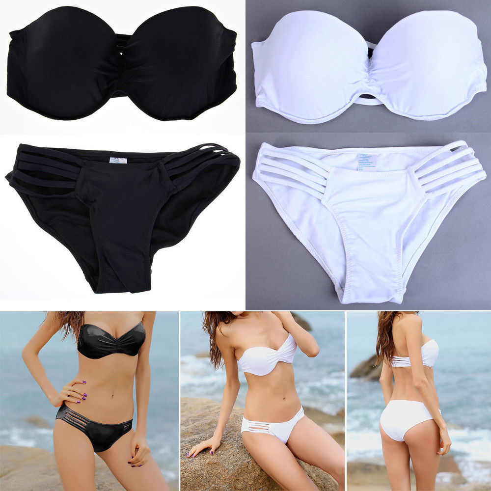 Black White Push-up Bandeau Top Strappy String Bikini Bottom Bikini Bathing Suit