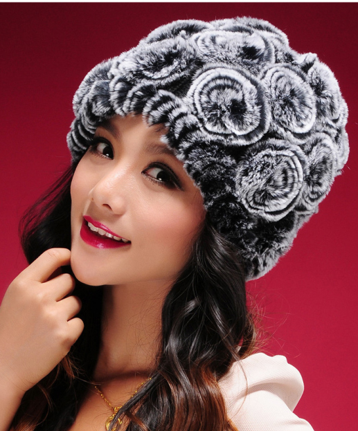Nice Beautiful Real Rex Rabbit Fur Knitted Hat Cap Warm Winter Genuine For Women