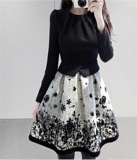 Korean Fashion Women Elegant Spring Autumn Flower Print Long Sleeve Mini Dress