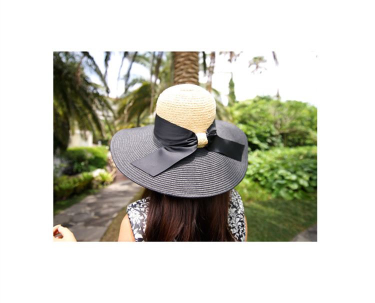 Wild Rafi Brimmed Straw Hat Temperament Black Shading Sandy Beach Bow Straw Hat