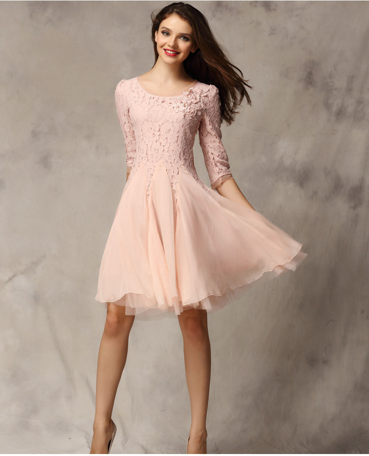 European American Women Ladies Slim Round Neck Lace Sleeve Dress Big