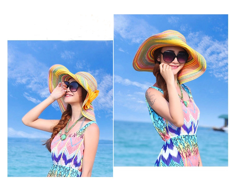 Spring Bow Sandy Beach Travel Large Visor Foldable Sunscreen Bohemia Straw Hat