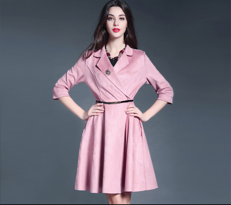 European Women Boutique Lapel Solid Color Elastic Sleeve Dress Pleated Skirt