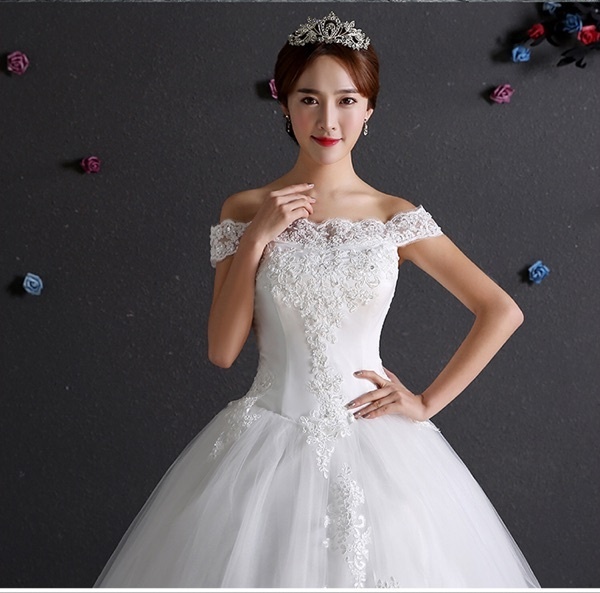 White Bride Dress Wedding Bride Gown Ball Gown Line Shoulder Lace Up Dresses
