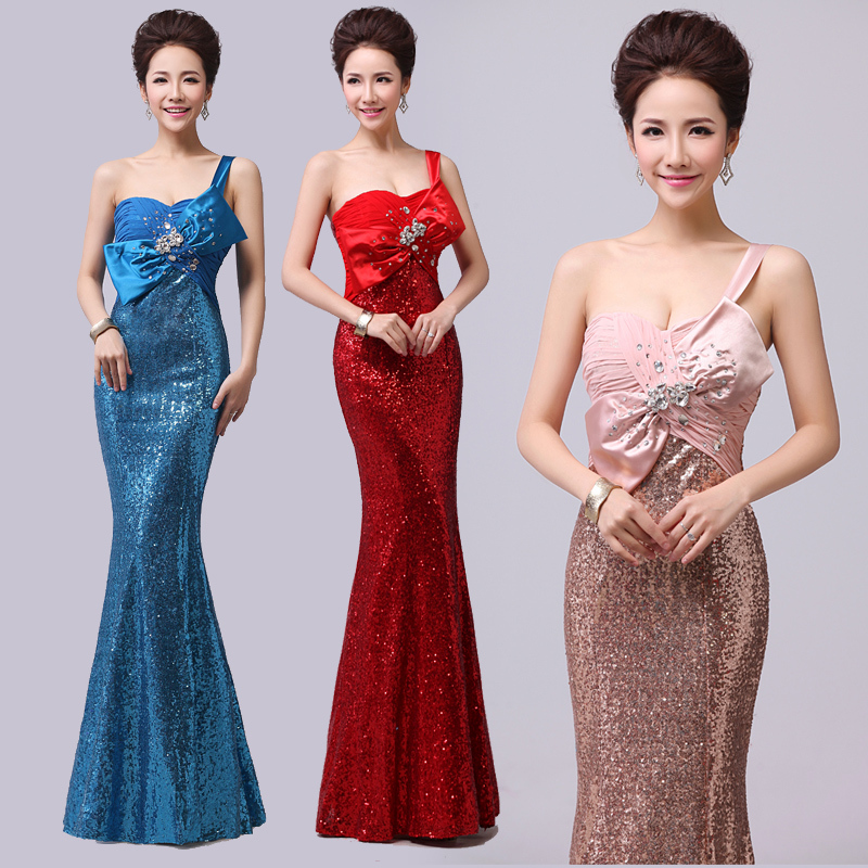 Elegant Fashion One Shoulder Women Dresses Sequined Fishtail Sexy Evening Dress