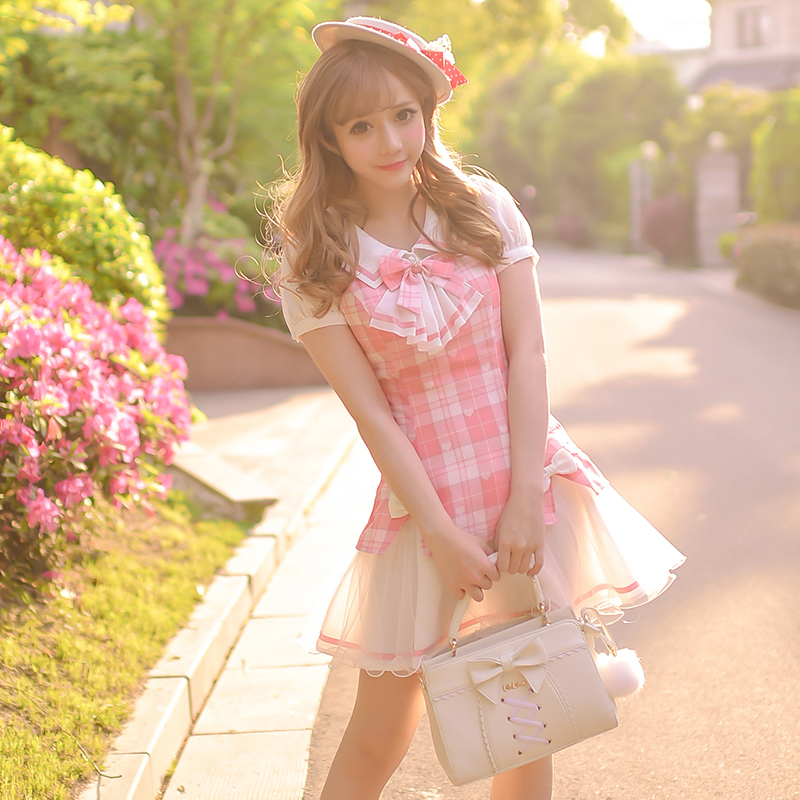 Summer Sweet Plaid Ladies Pink Color Princess Square Patterned Dress Dresses