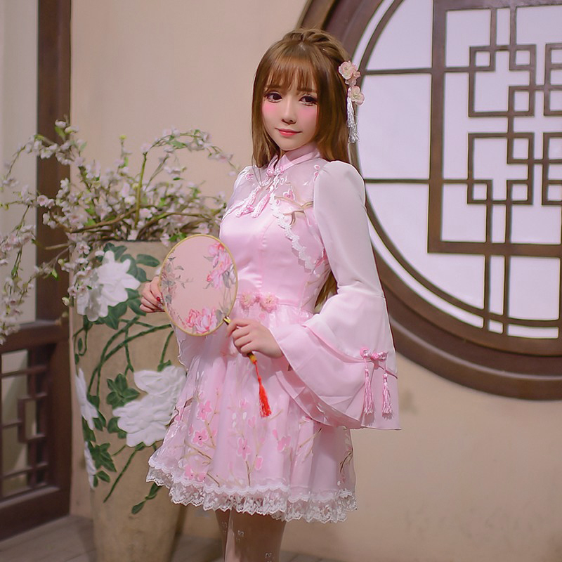 Korean Women Chinese Style Lolita Lace Long Sleeved Dress Cheongsam Dresses