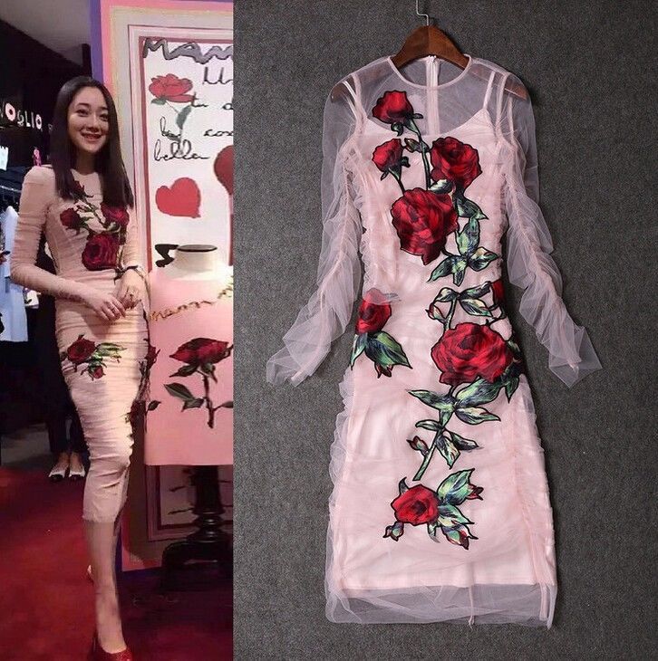 Pink Mesh Rose Embroidery Runway Sexy Women Mid-long Party Dress