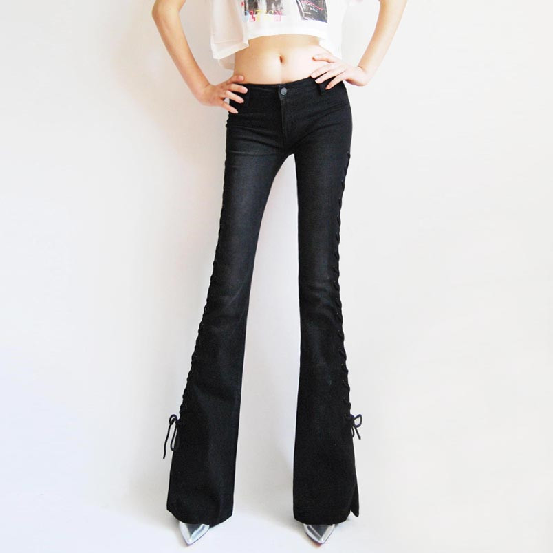 Special Side Tie Retro Lace Up Slim Mid Waist Bell Bottom Thin Trousers Pants