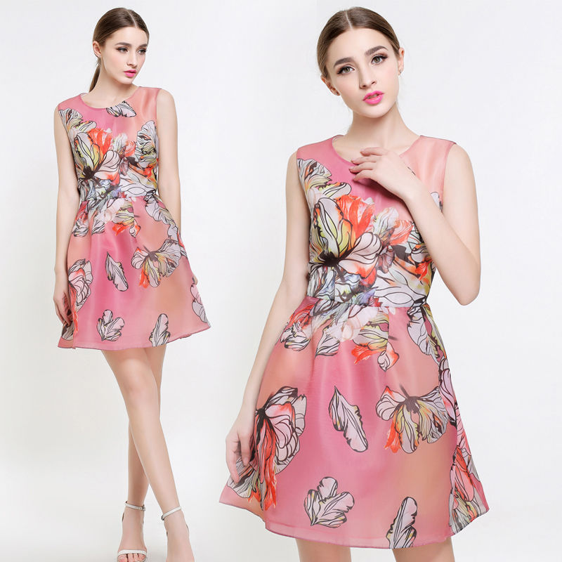 2016 Spring Summer Fashion Women Flower Printing Organza Dress