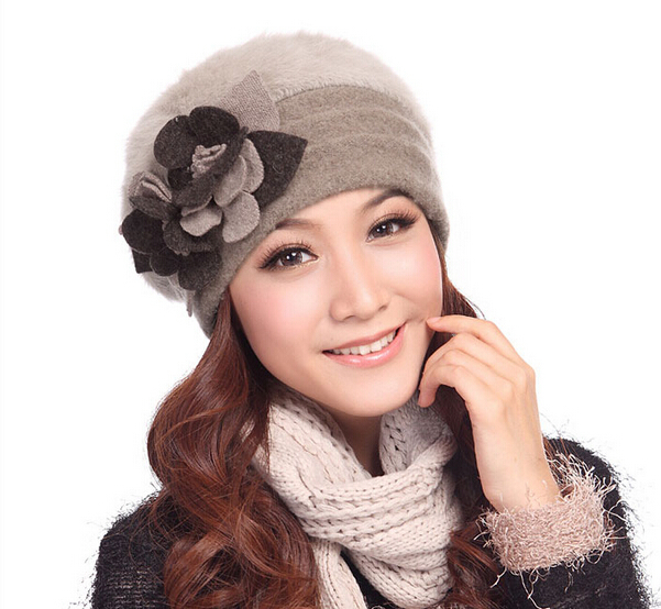 Women Floral Winter Wool Rabbit Fur Ski Warm Hat Beanie Cap Beret Cloche Bucket