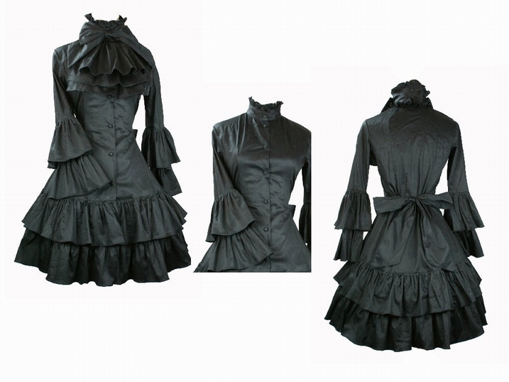 Ladies Large Size Black Color Victorian Lolita Gothic Kimolo Sleeves Long Dress