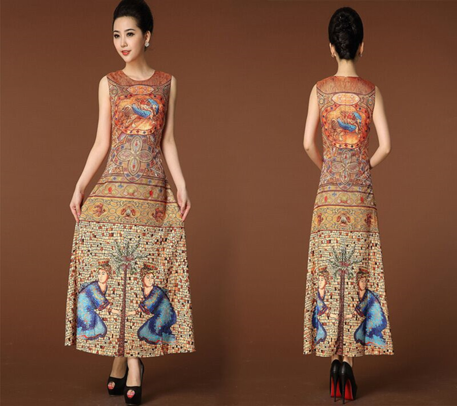 Women Good Luxurious Real Silk Printed Retro Sundress Formal Maxi Long Dress