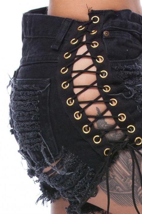 Sexy Ladies Black Demin Mini Shorts Pants High Waist Casual Bandage Short Jeans