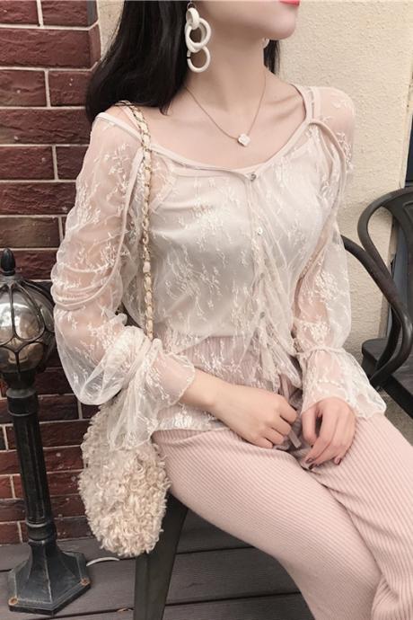 Beautiful Attractive Light Apricot Lace See Through Lady Blouse Top Strap Sling