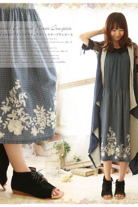 Japanese Mori Girl Retro Summer Sleeveless Lagen Cotton Embroidery Dress Dresses