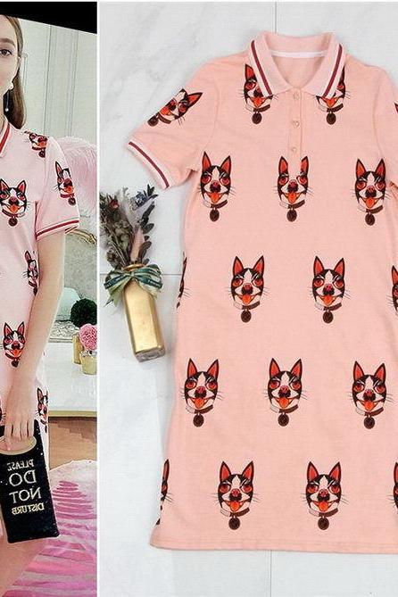Comfortable Pink Dog Print Button Collar Pockets Dress Runway Occident Dresses