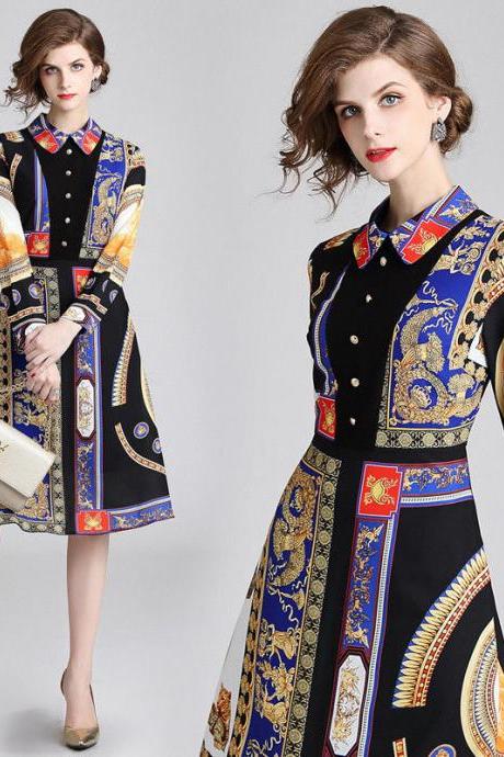 Spring Fall Vintage Print Collar Geometric Empire Waist Women Casual Dresses