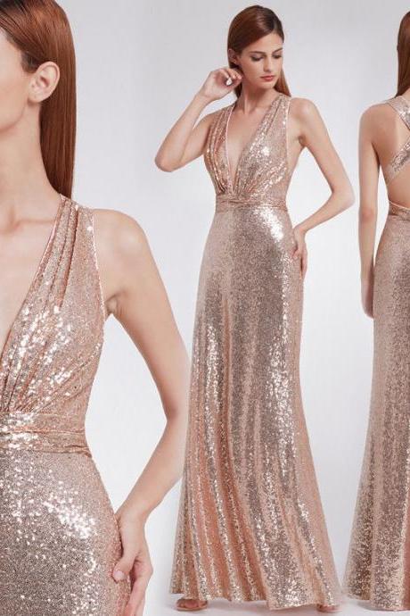 Sequins Rose Gold Celebrity Sweetheart Strapless Prom Gown Evening Party Dresses