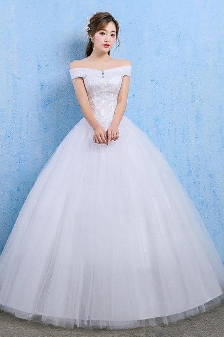 White Wedding Dresses Bridal Ball Gowns Lace Princess Off Shoulder Sweep Dresses