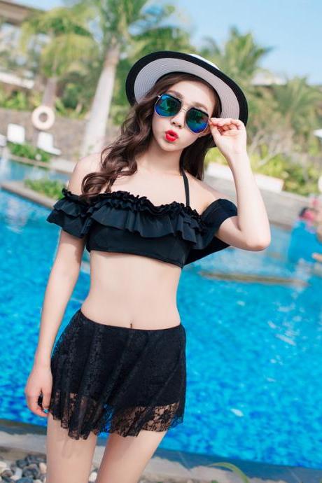 Black Lace Skirt type swimsuit Girl lotus leaf Shoulder Sexy high waist bikini