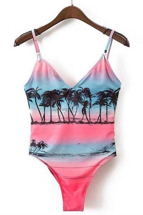 Swimwear High Cut One Piece Bodysuit Tree Tropical Print Beachwear Bathing Suit