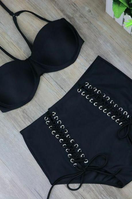 Black Push Up Swimwear Halter Sexy Bikini Women Swimsuit High Waisted Bath Suit