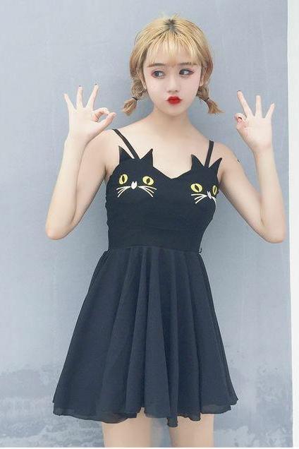 New Lovely Cute Kawaii Harajuku Ropa Dress Black Cat Ears Gato Japan Korea Style
