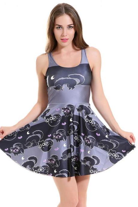 Billowing Stretchy Dress Cat 3d Full Printed Scoop Neck Pleated Parasol Dresses