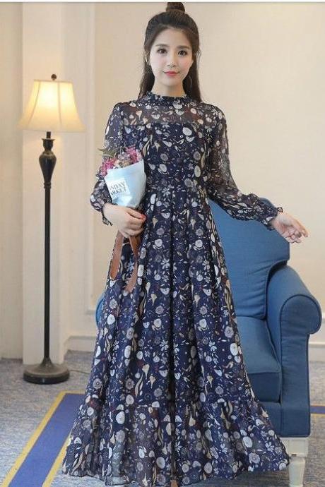 Elegant Long Sleeve Korean Fashion Floral Maxi Long Casual Blue Chiffon Dress