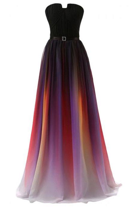 Beauty Strapless Pleated Gradient Color Colorful Ombre Chiffon Prom Gown Dress