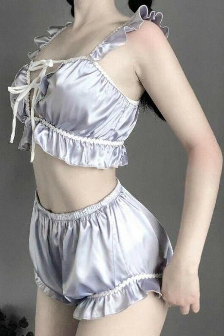 Women Silver Satin Bra Bloomer Set Lolita Ruffle Camisole Sleepwear Night Sexy