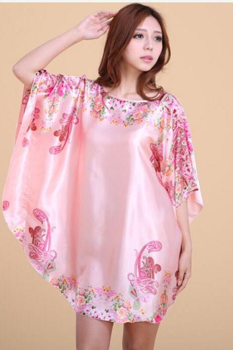 Sexy Women Pink Silk Satin Night Pajamas Sleepwear Robes Nightdress. Nightgown