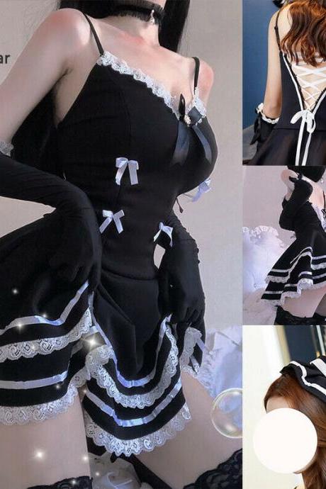 Adult Lolita French Maid Uniform Costume Dress Set Sexy Cosplay Anime Outfit