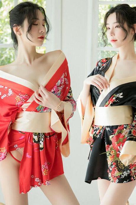 Red Black Japanese Kimono Lingerie Floral Bath Robe Nightdress Costume Cosplay