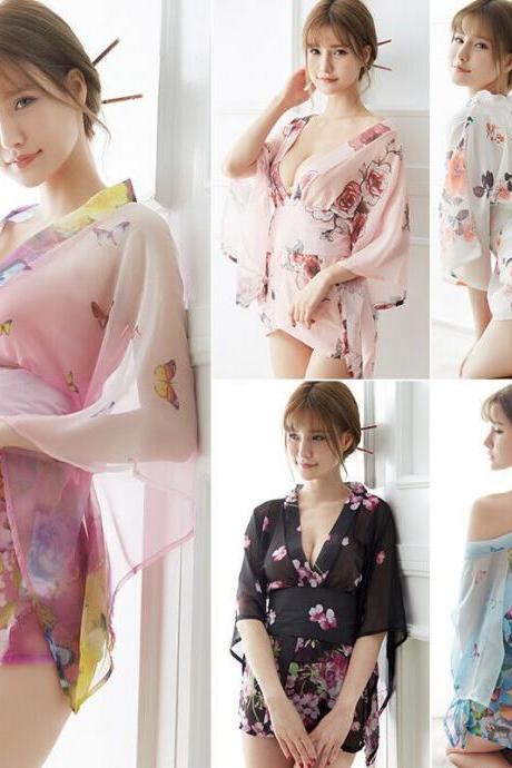 Blue Green Pink White Japanese Kimono Lingerie Floral Bath Robe Dress Cosplay